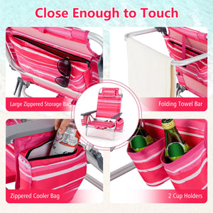 2 Packs 5-Position Outdoor Folding Backpack Beach Table Chair Reclining Chair Set-Hot Pink view 7