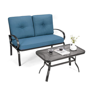 2 Pieces Patio Outdoor Cushioned Coffee Table Seat-Blue view 9
