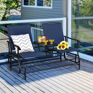 2-Person Double Rocking Loveseat with Mesh Fabric and Center Tempered Glass Table-Navy view 2