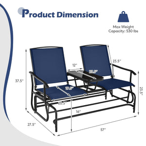 2-Person Double Rocking Loveseat with Mesh Fabric and Center Tempered Glass Table-Navy view 5