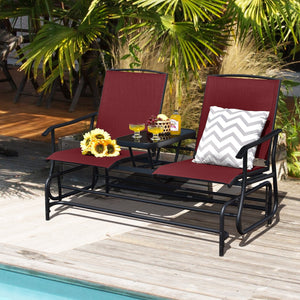 2-Person Double Rocking Loveseat with Mesh Fabric and Center Tempered Glass Table-Red view 2