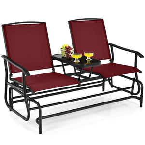 2-Person Double Rocking Loveseat with Mesh Fabric and Center Tempered Glass Table-Red view 4