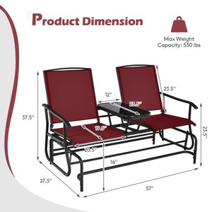 2-Person Double Rocking Loveseat with Mesh Fabric and Center Tempered Glass Table-Red view 5