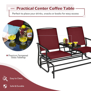 2-Person Double Rocking Loveseat with Mesh Fabric and Center Tempered Glass Table-Red view 8
