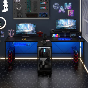 2-Person Reversible Computer Desk Long Office Desk with LED Lights-Black view 3