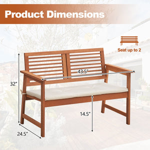 2-Person Solid Wood Patio Bench with Backrest and Cushion view 4