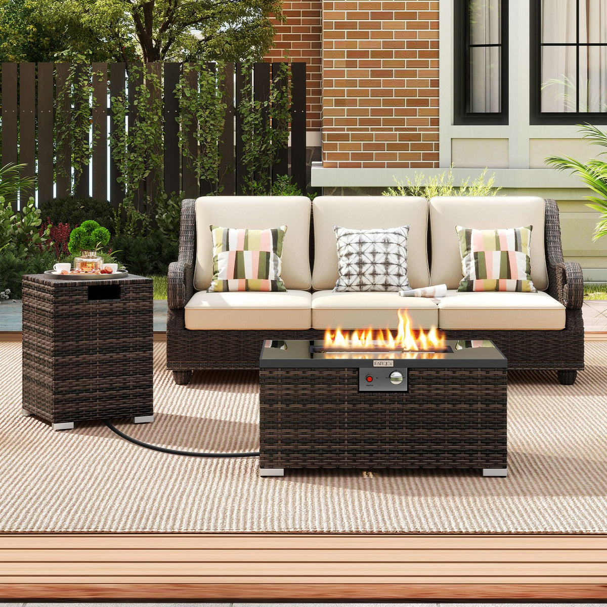 2-Piece Outdoor Rattan Fire Table Set 32 Inch Rectangle Gas Firepit with Tank Cover-Brown view 2