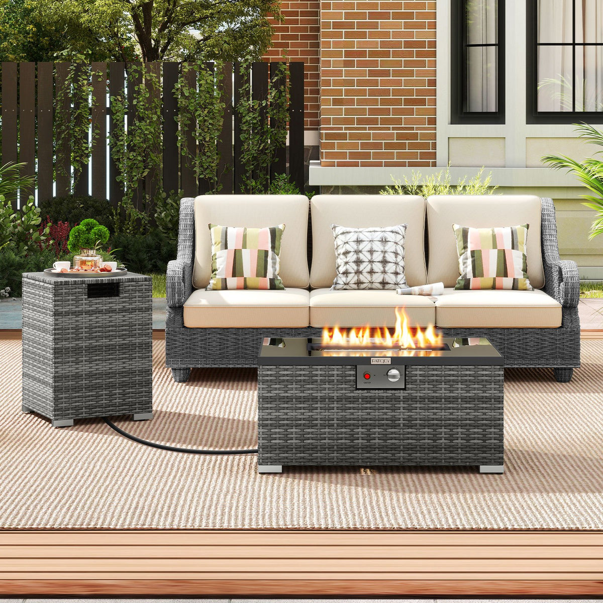 2-Piece Outdoor Rattan Fire Table Set 32 Inch Rectangle Gas Firepit with Tank Cover-Gray view 2