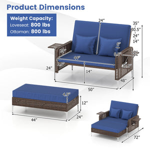 2 Piece Patio Rattan Daybed Wicker Loveseat and Ottoman with Adjustable Backrest-Navy view 5