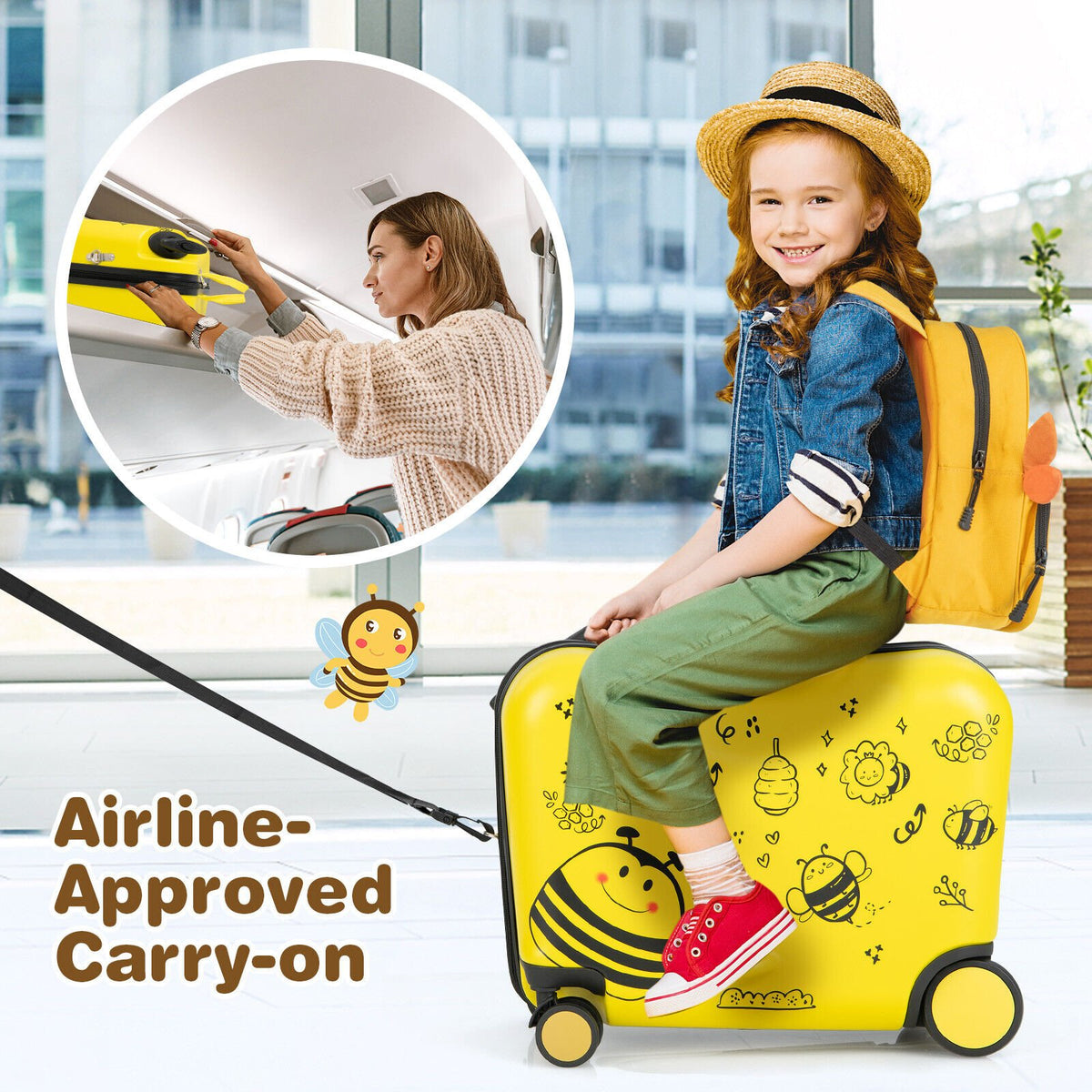 2 Pieces 18 Inch Ride-on Kids Luggage Set with Spinner Wheels and Bee Pattern-Yellow view 2