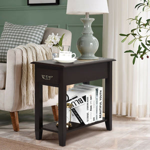 2 Pieces 2 Tier Sofa Side End Table with Drawer and Open Shelf-Dark Brown view 2