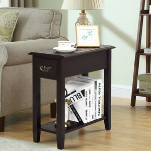 2 Pieces 2 Tier Sofa Side End Table with Drawer and Open Shelf-Dark Brown view 3