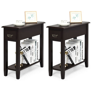 2 Pieces 2 Tier Sofa Side End Table with Drawer and Open Shelf-Dark Brown view 4