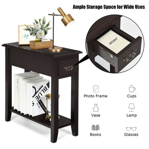 2 Pieces 2 Tier Sofa Side End Table with Drawer and Open Shelf-Dark Brown view 7