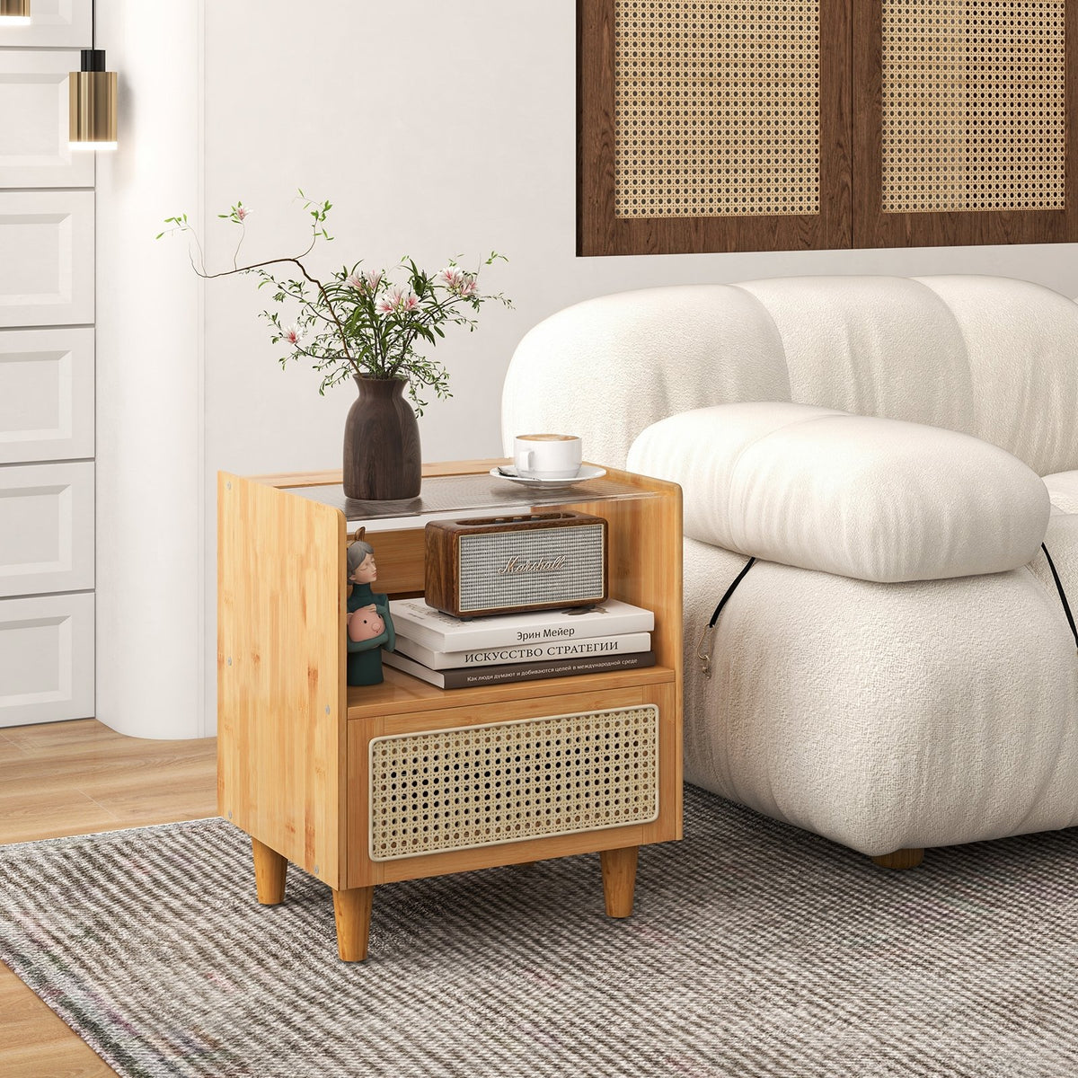 2 Pieces Bamboo Rattan Nightstand with Drawer and Solid Wood Legs-Natural view 2