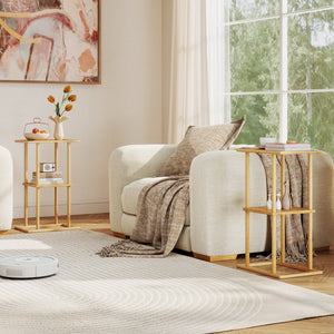 2 Pieces Side Table with Storage Shelves and Bamboo Construction-Natural view 3