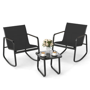 2 Rocking Bistro Chairs and Glass-Top Table for Porch Yard Balcony-Black