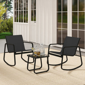 2 Rocking Bistro Chairs and Glass-Top Table for Porch Yard Balcony-Black view 2