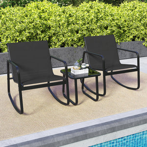 2 Rocking Bistro Chairs and Glass-Top Table for Porch Yard Balcony-Black view 3