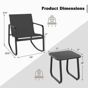 2 Rocking Bistro Chairs and Glass-Top Table for Porch Yard Balcony-Black view 4