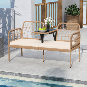 2-Seat PE Rattan Outdoor Loveseat with Built-in Coffee Table and Soft Cushions-White view 6