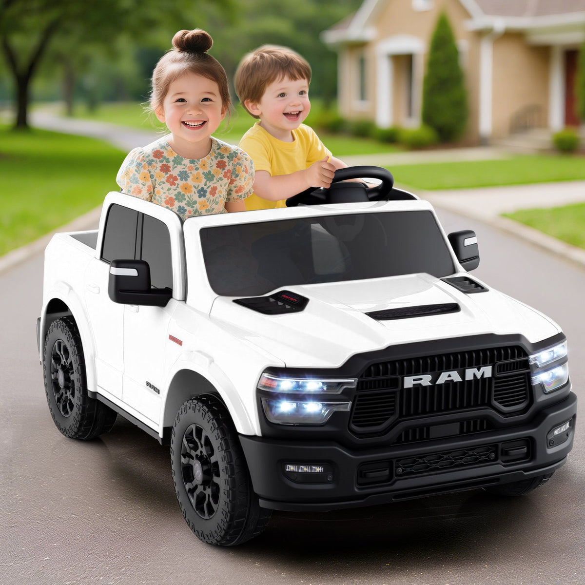 2 Seater 24V Ride on Toy for Big Kids Licensed Ram Truck with Remote and Music-White view 2