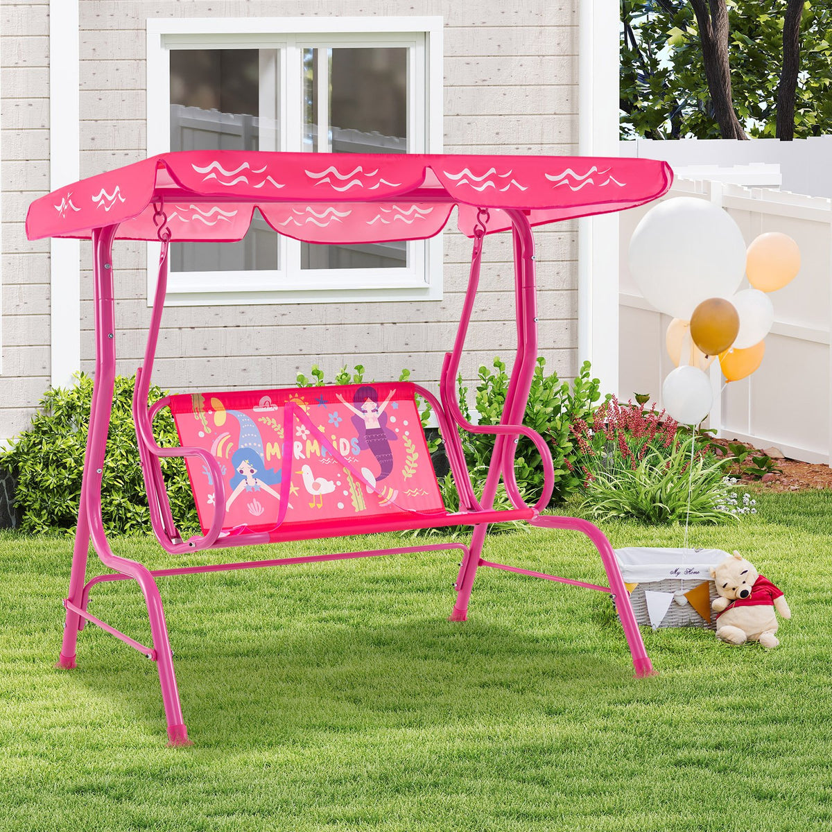 2-Seater Kids Patio Swing with Metal Stand and Adjustable Canopy-Pink view 2