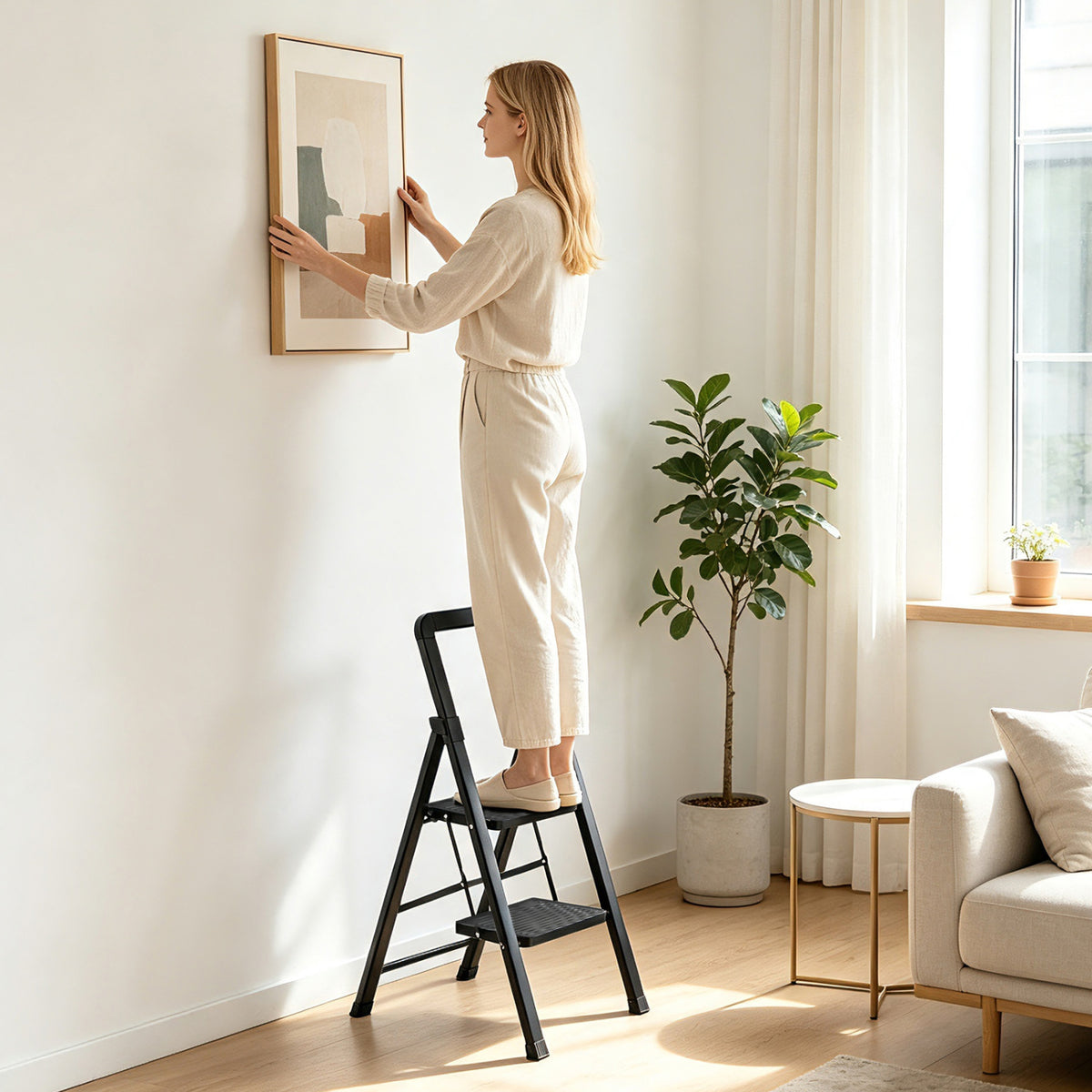 2 Step Black Folding Step Stool with Wide Anti-slip Pedals view 2