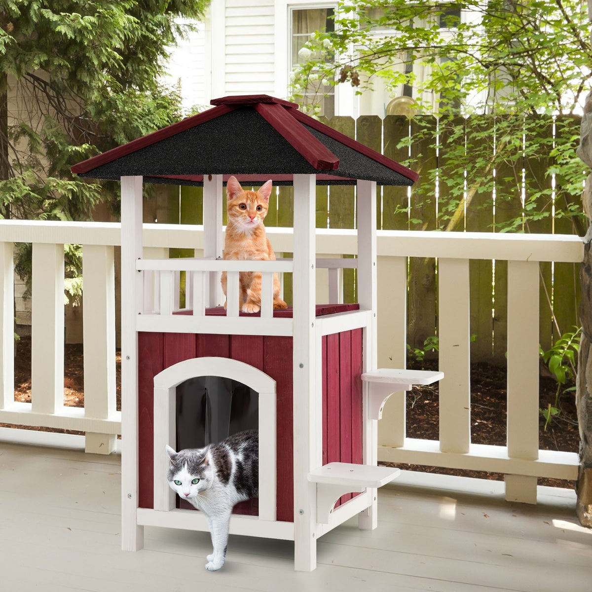 2-Story Wooden Cat House with Asphalt Roof Balcony and Rain Curtain-Red & White view 2