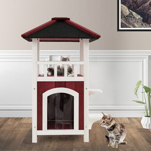 2-Story Wooden Cat House with Asphalt Roof Balcony and Rain Curtain-Red & White view 3