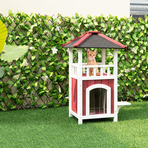 2-Story Wooden Cat House with Asphalt Roof Balcony and Rain Curtain-Red & White view 5
