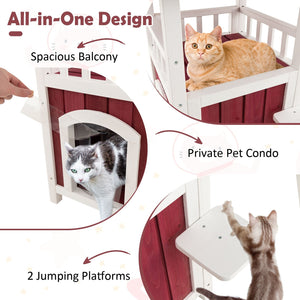 2-Story Wooden Cat House with Asphalt Roof Balcony and Rain Curtain-Red & White view 6
