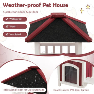 2-Story Wooden Cat House with Asphalt Roof Balcony and Rain Curtain-Red & White view 7