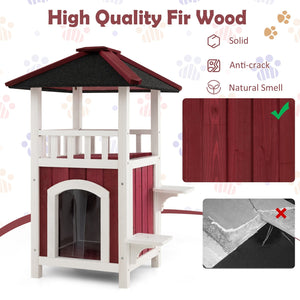 2-Story Wooden Cat House with Asphalt Roof Balcony and Rain Curtain-Red & White view 8