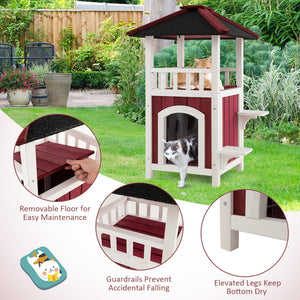 2-Story Wooden Cat House with Asphalt Roof Balcony and Rain Curtain-Red & White view 9