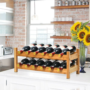 2-Tier 12 Bottles Bamboo Storage Shelf, Wine Rack-Natural view 2