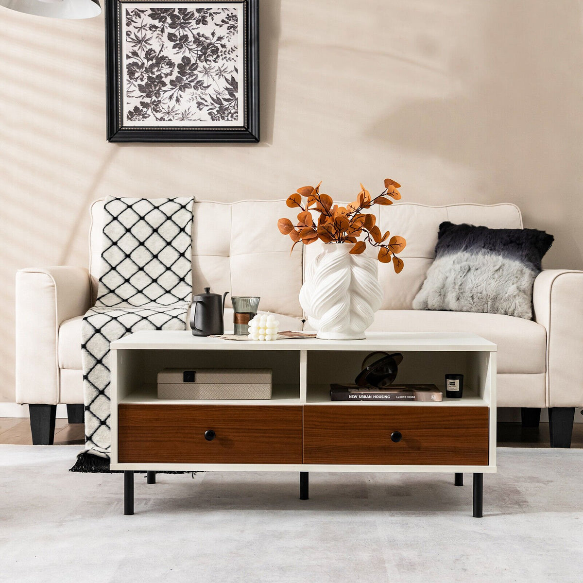 2 Tier 40 Inch Length Modern Rectangle Coffee Table with Storage Shelf and Drawers-White view 2