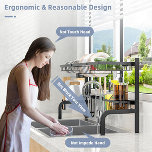 2 Tier Adjustable Over Sink Dish Drying Rack with 8 Hooks view 4
