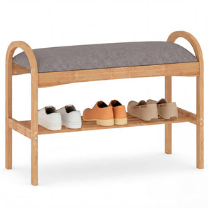 2-Tier Bamboo Shoe Bench with Padded Cushion and Shelf-Gray view 4