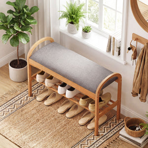 2-Tier Bamboo Shoe Bench with Padded Cushion and Shelf-Gray view 6