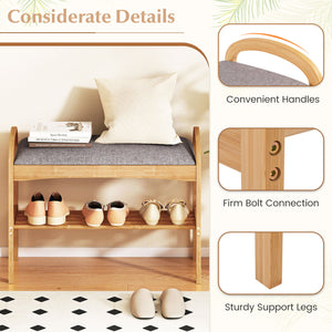 2-Tier Bamboo Shoe Bench with Padded Cushion and Shelf-Gray view 7
