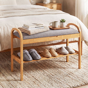 2-Tier Bamboo Shoe Bench with Storage and Padded Cushion-Gray view 6