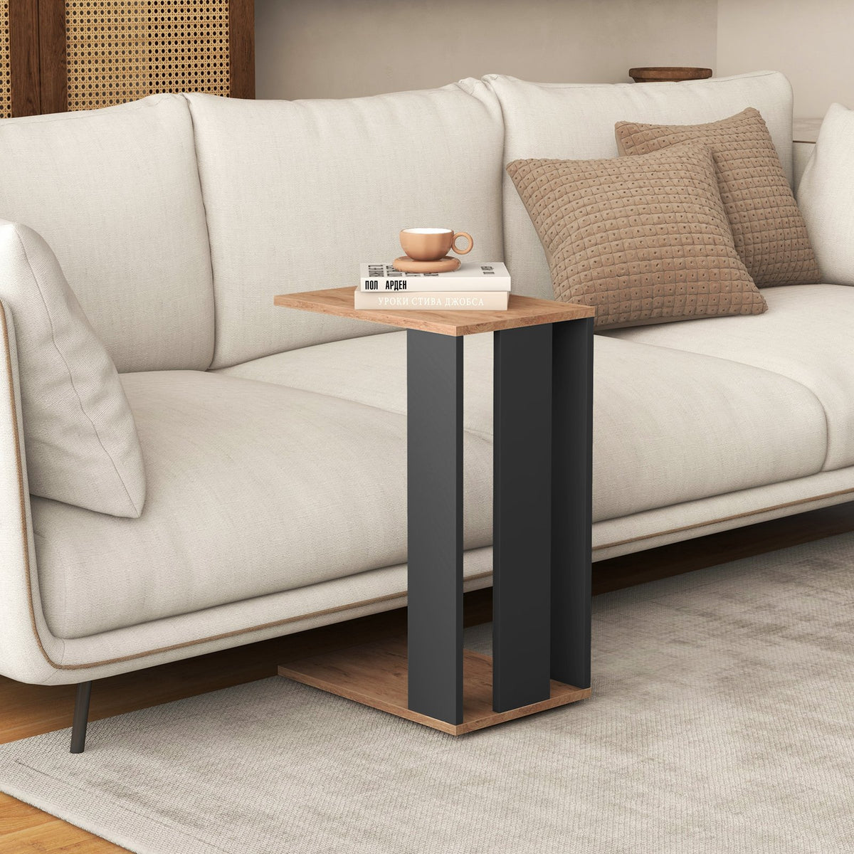 2-Tier C-Shaped Side Table with Universal Wheels and Shelf-Rustic Brown view 2