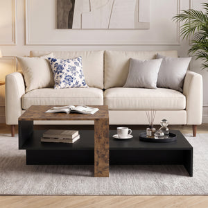 2-Tier Coffee Table Modern Irregular Center Table with Open Storage Shelf-Black & Brown view 3