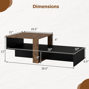 2-Tier Coffee Table Modern Irregular Center Table with Open Storage Shelf-Black & Brown view 5