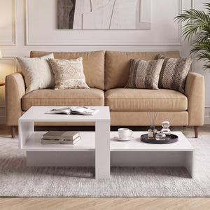 2-Tier Coffee Table Modern Irregular Center Table with Open Storage Shelf-White view 3
