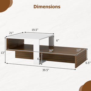 2-Tier Coffee Table Modern Irregular Center Table with Open Storage Shelf-White & Brown view 5