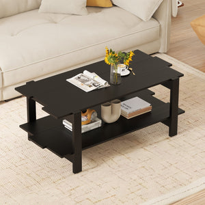 2-Tier Coffee Table Slatted Wood Center Table with Storage Shelf-Black view 2