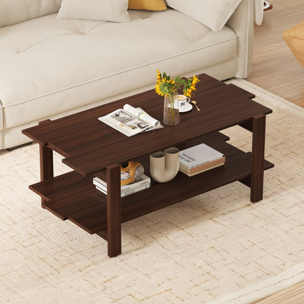 2-Tier Coffee Table Slatted Wood Center Table with Storage Shelf-Walnut view 2