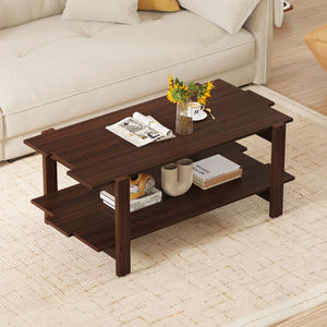 2-Tier Coffee Table Slatted Wood Center Table with Storage Shelf-Walnut view 2